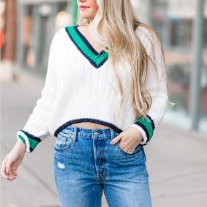 Topshop White and Green Collegiate Cropped Sweater